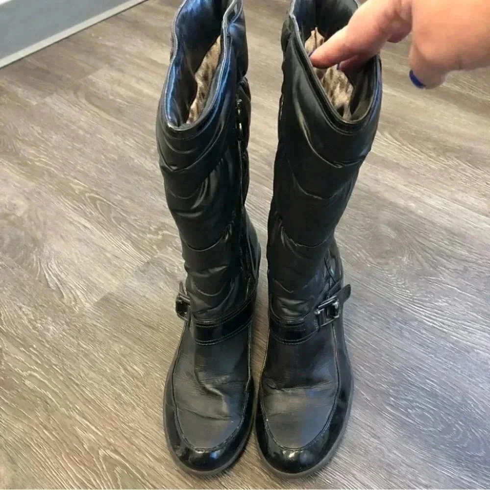 Anne Klein Sport Wedge Heel Snow Boots Black Vegan Patent Leather: 8M